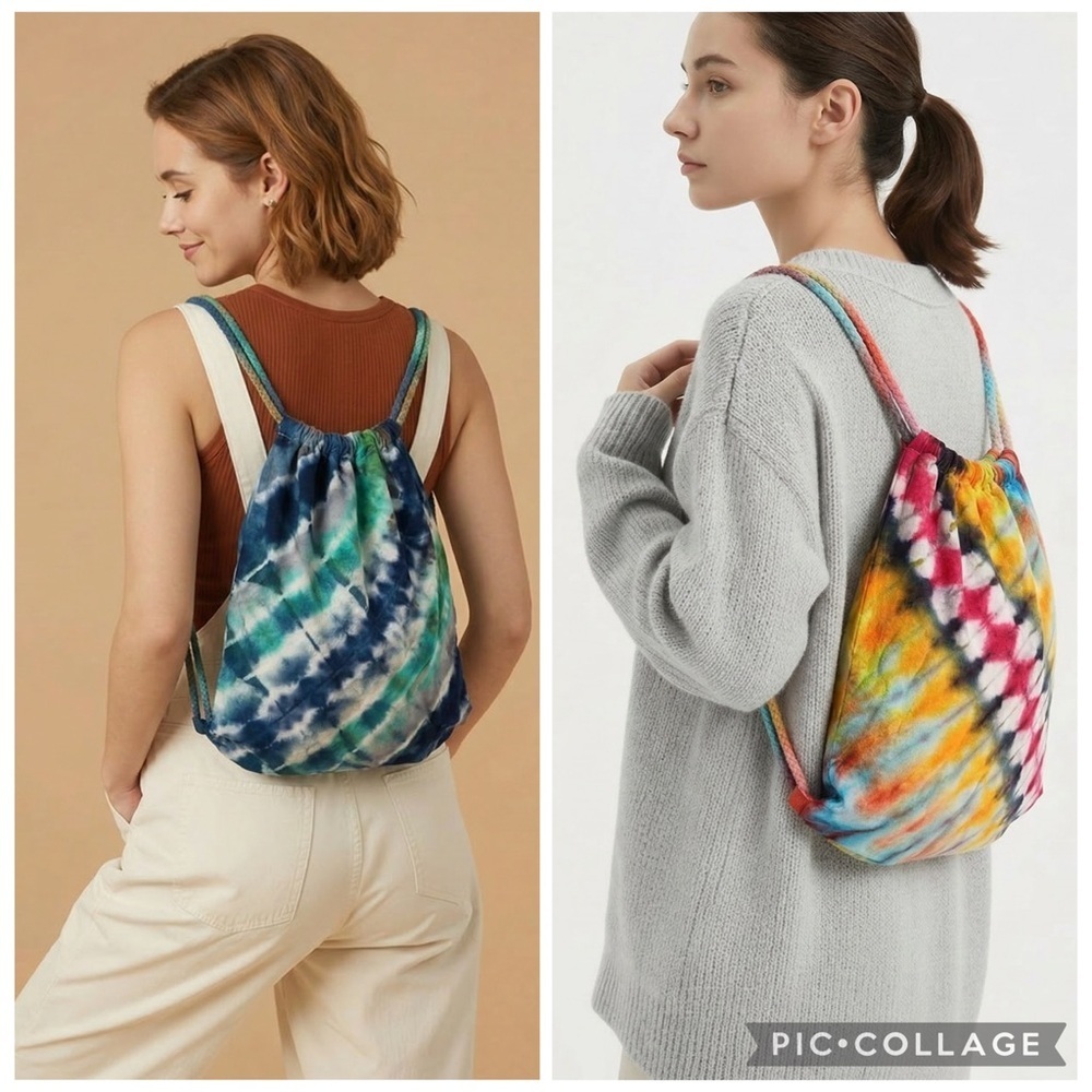 NWOT 2 Handmade Tie Dye Cotton Backpack bags.  12 x 13.5” -